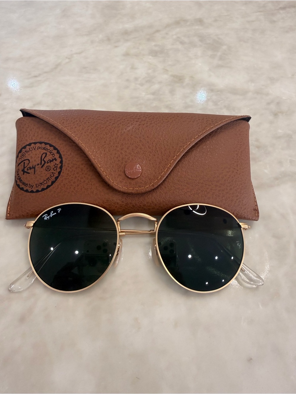 Ray-Ban Polarized Gold Frame Sunglasses with Dark Green Lenses